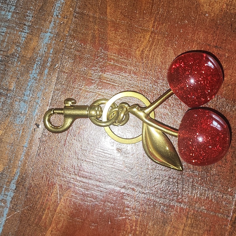 Gold Red Sparkle Gold Cherries Cherry Purse Charm Key Chain NEW - Picture 3 of 5